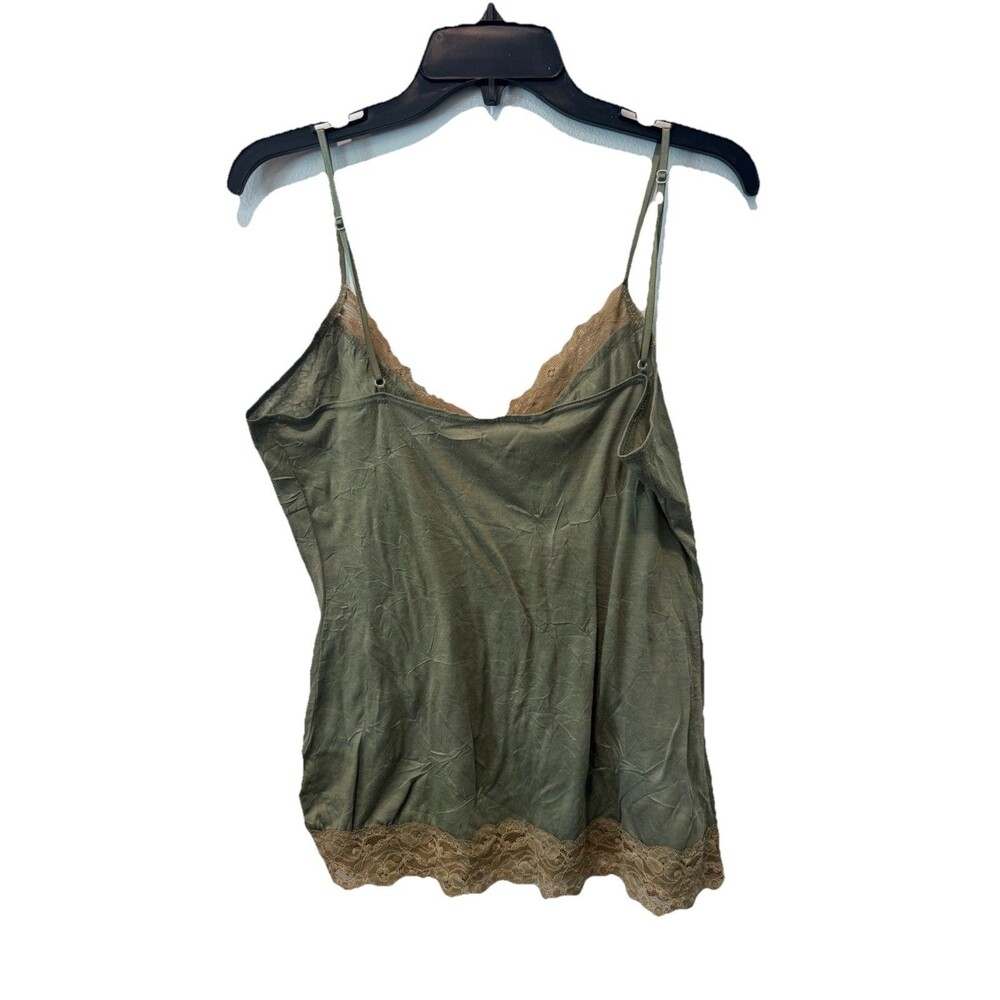Y2K Babydoll Olive Crinkle Camisole Lace Trim Boho Grunge Adjustable Straps L - Picture 6 of 7